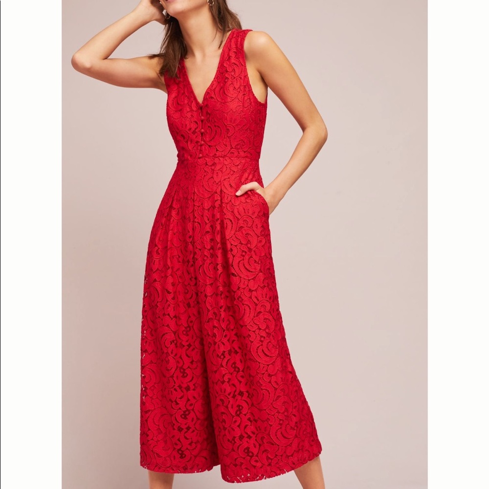 Anthropologie Moulinette Soeurs Red Lace Jumpsuit